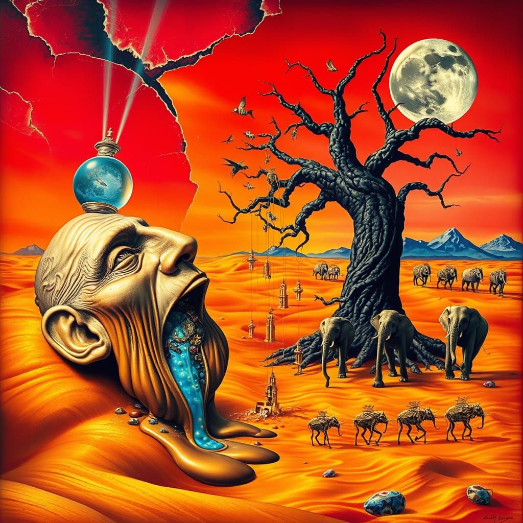 Surrealist Masterpiece in Desert Landscape with Melting Face...