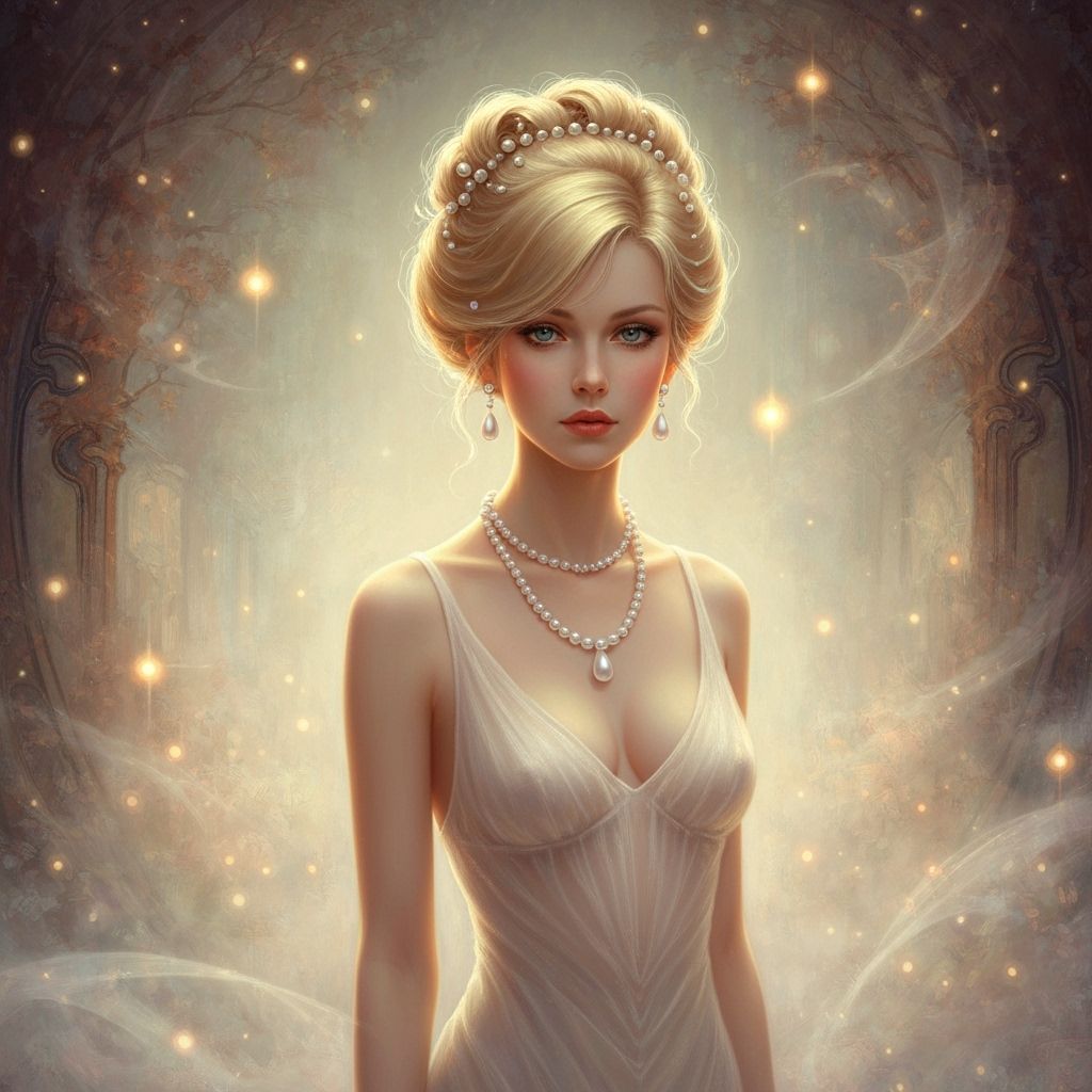 Ethereal Pearl Adorned Woman in Fantasy Setting