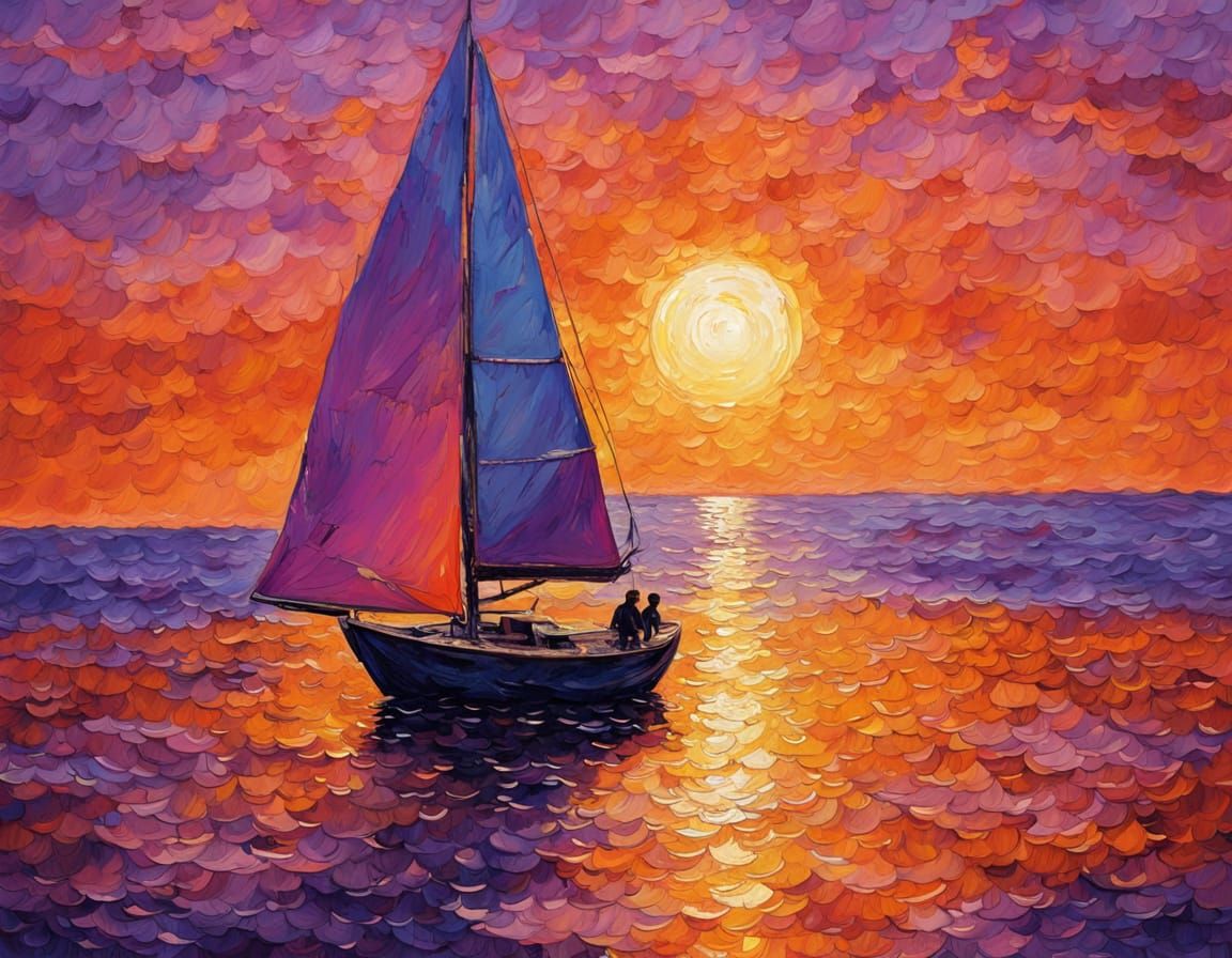 Vibrant Neo-Expressionist Sunset with Sailing Boat