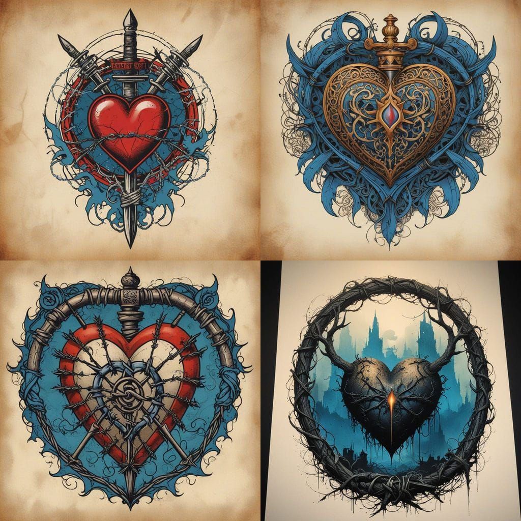 Vintage Tattoo Barbed Wire Heart with Dagger in Blue Flames