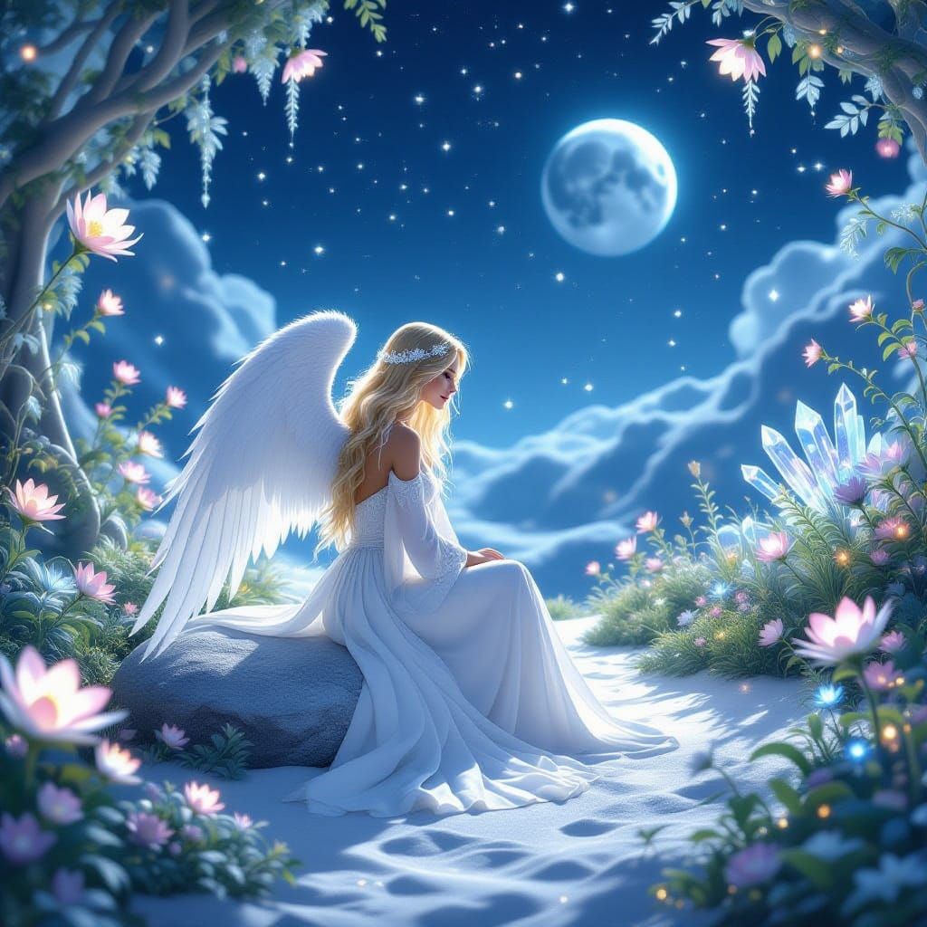 Angel in Magical Moon Garden Gazing at Earth