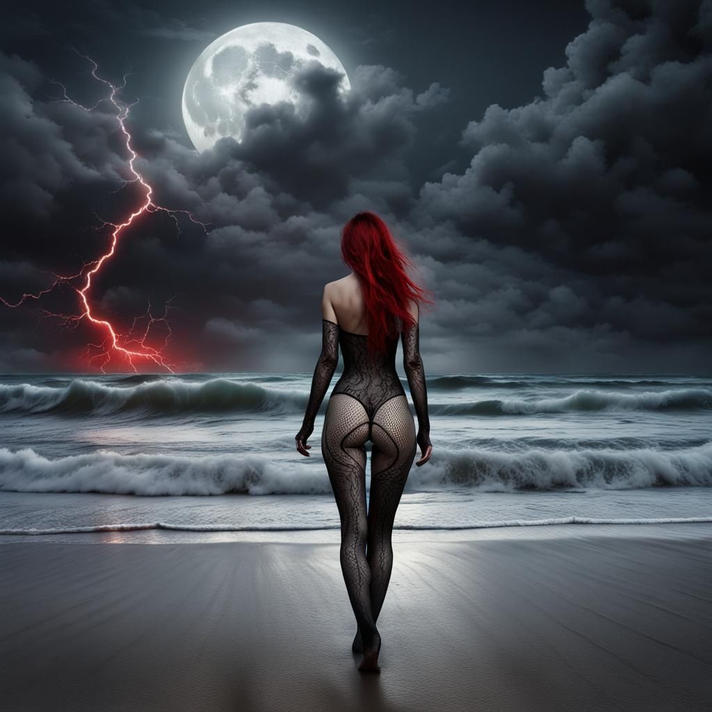 Haunted Beach at Night with Woman in Bodysuit