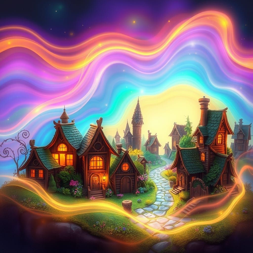 Whimsical Fairy Village in Vibrant, Magical Aura
