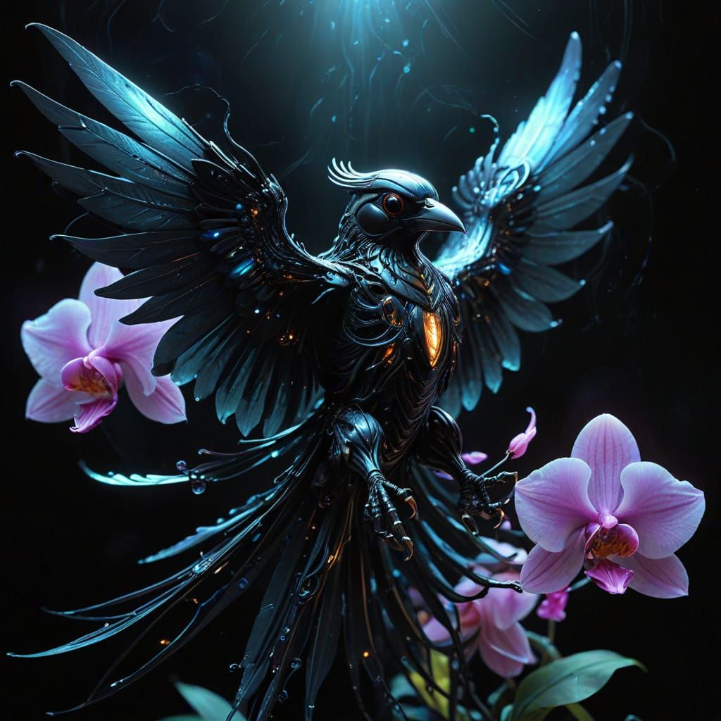 Biomechanical Bird with Bioluminescent Orchids in Dark Surre...