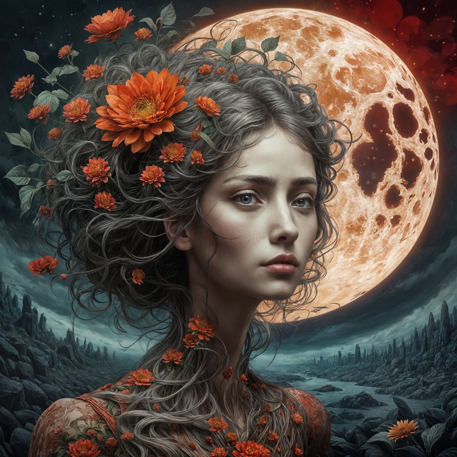 Mysterious Crystalline Woman Amidst Red Floral Moonscape