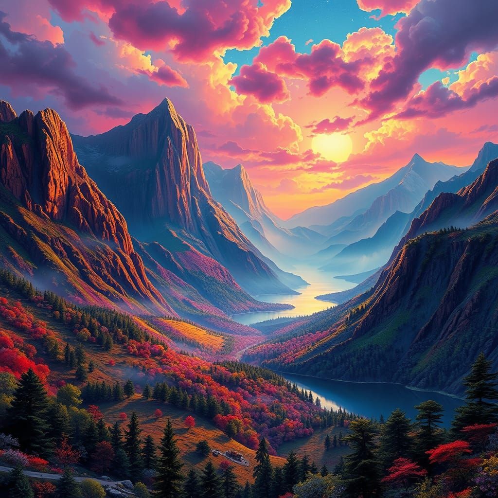 Vibrant Dreamlike Landscape in Jewel-Toned Colors
