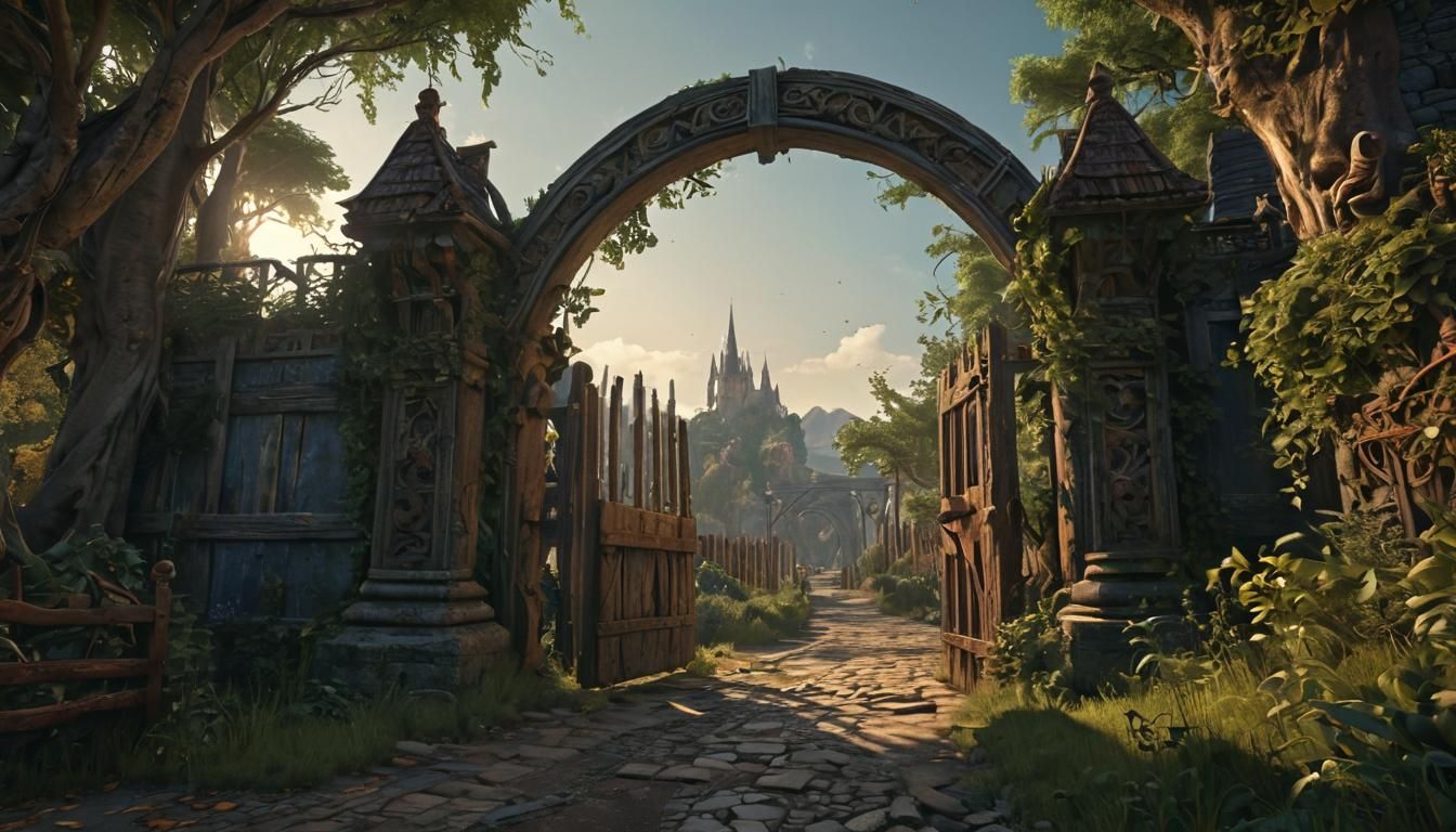 Aliens at Medieval Village Gate: Fantasy Matte Painting