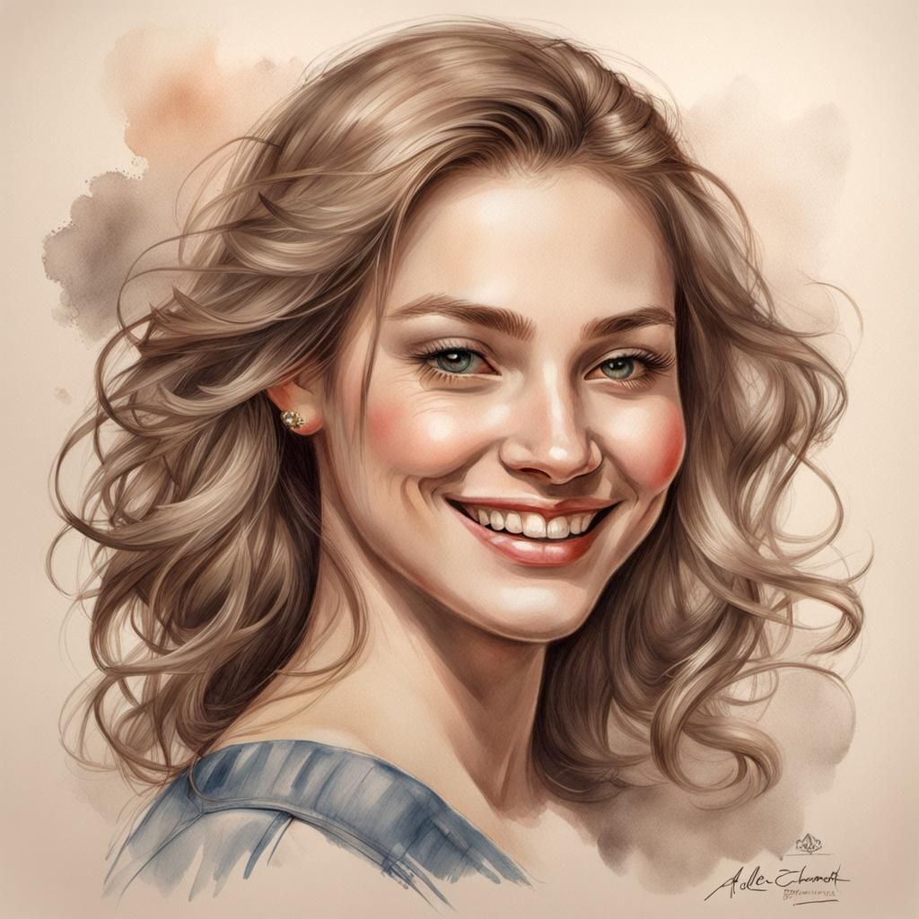 Smiling Girl Portrait as Detailed Watercolor Painting