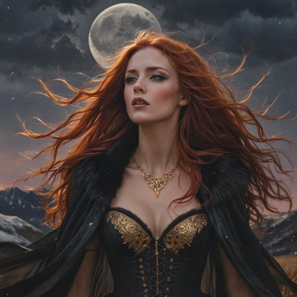 Goddess with Flowing Hair in Dark Fantasy Oil Painting