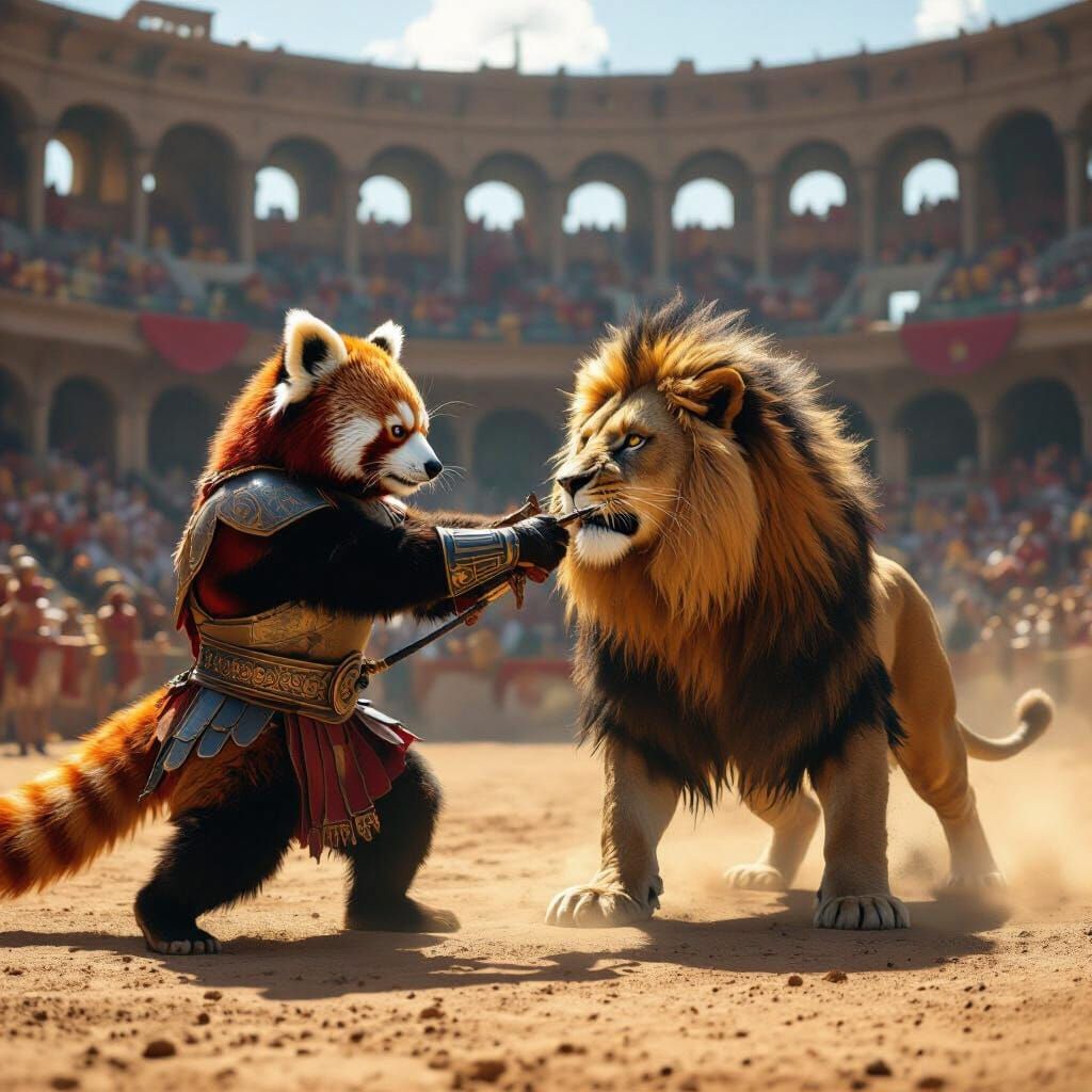 Red Panda Gladiator Fights Lion in Dusty Stadium
