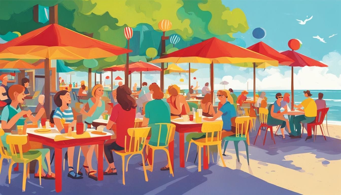 Festive Beach Boardwalk Scene in Eric Carle Style