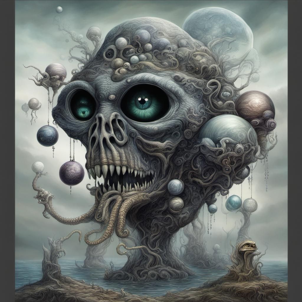 Surreal Eel Devouring Faces: Art Nouveau Drawing