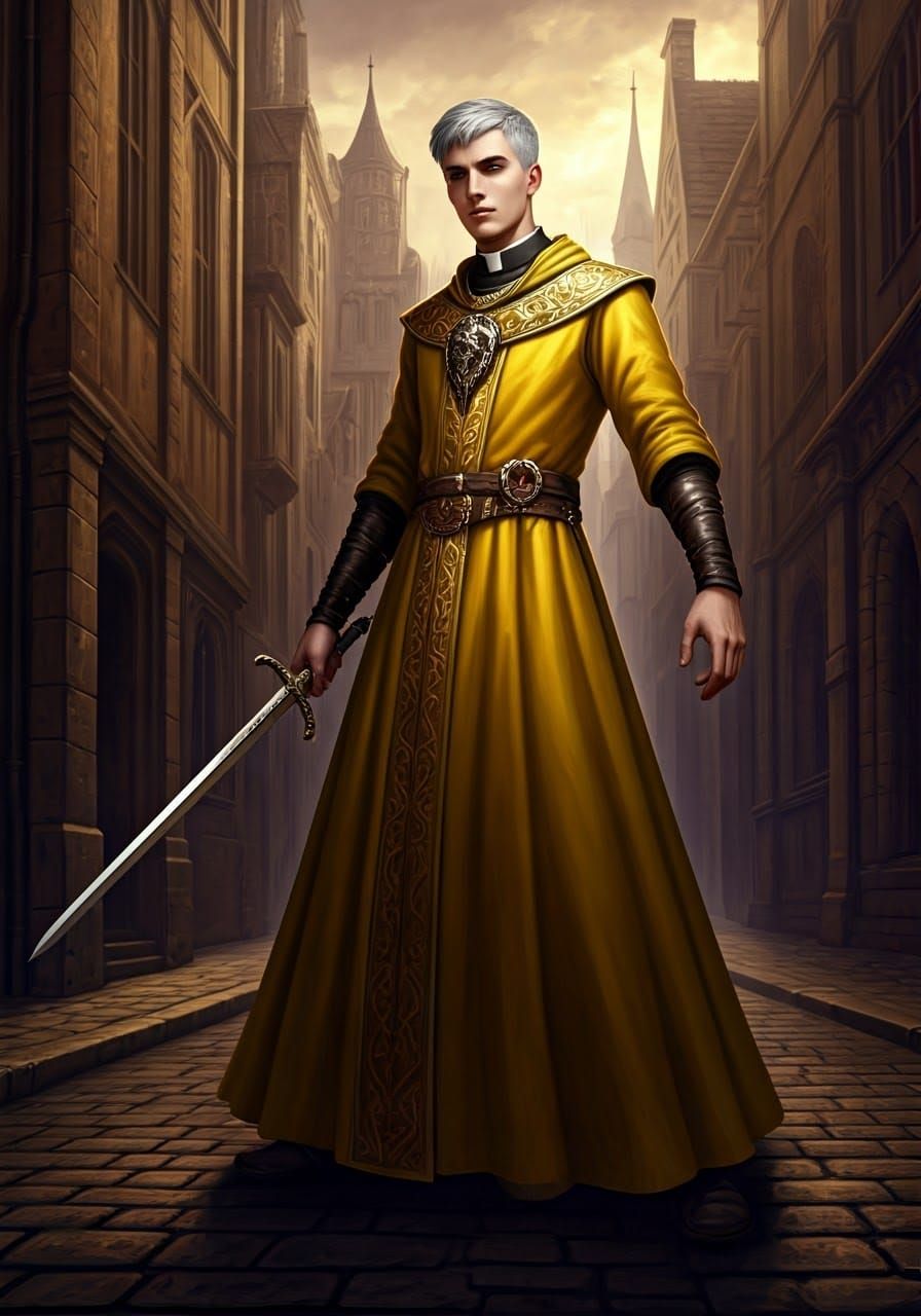 Hyperrealistic Priest in Sulfur Yellow Robes, with Chimera S...