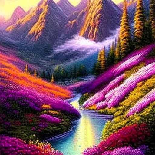 Valley of Flowers: Oil Painting Mountain Landscape