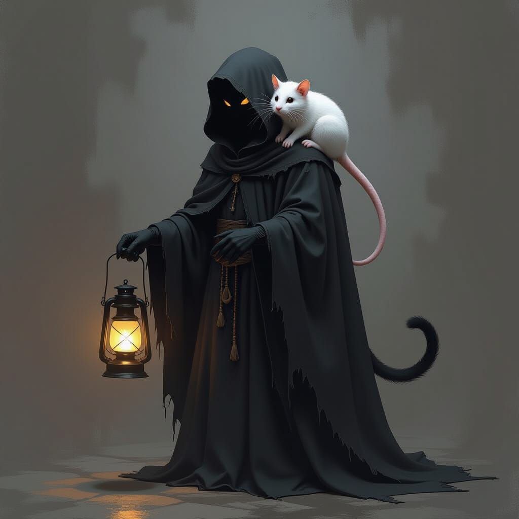 Cloaked Figure with Rat and Cat Tail, Holding Lantern in Goy...