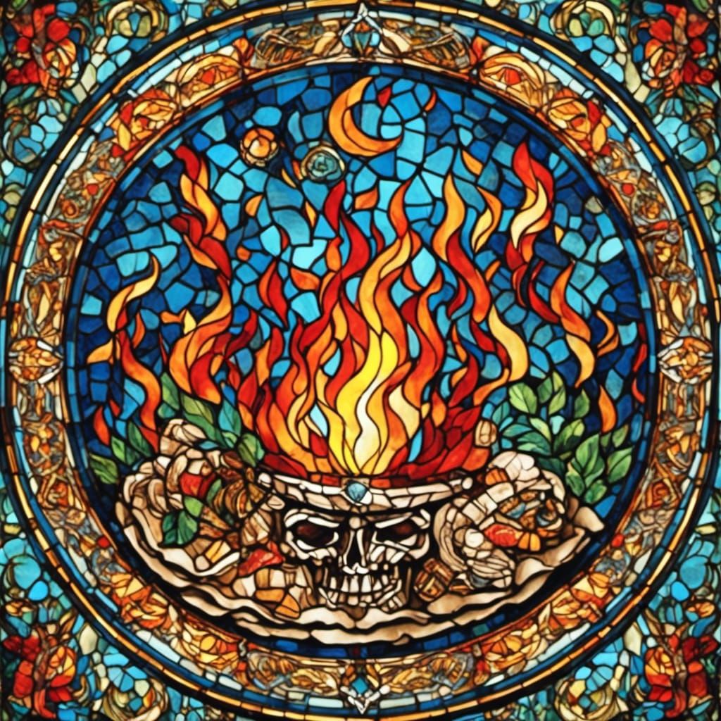 Mayan and Aztec Tacos with Flames in Stained Glass Style