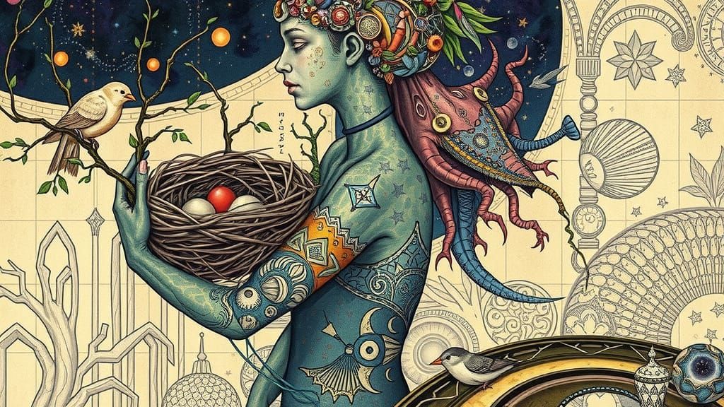 Introspective Figure in Surreal Galactic Cafe, Concept Art