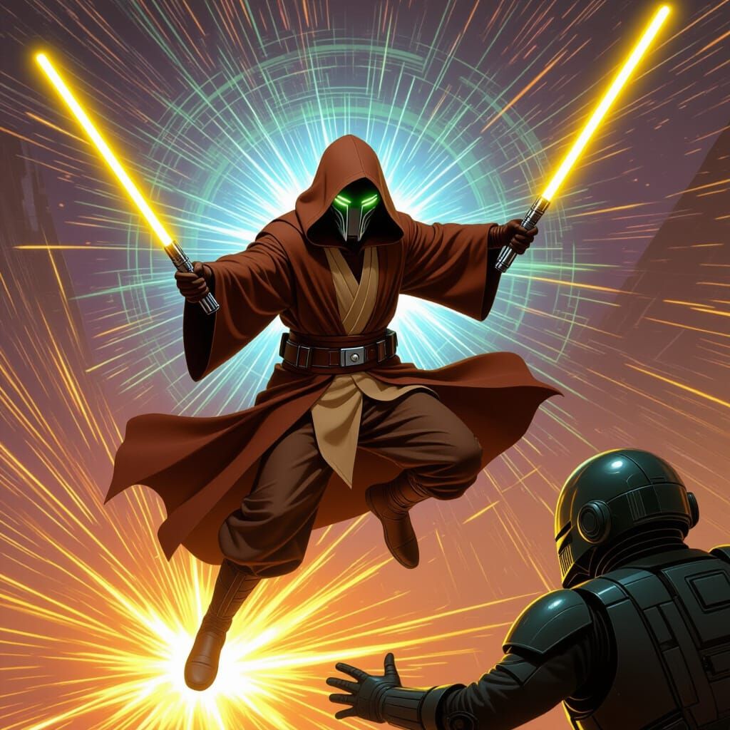 Futuristic Jedi Knight Strikes Alien with Lightsabers