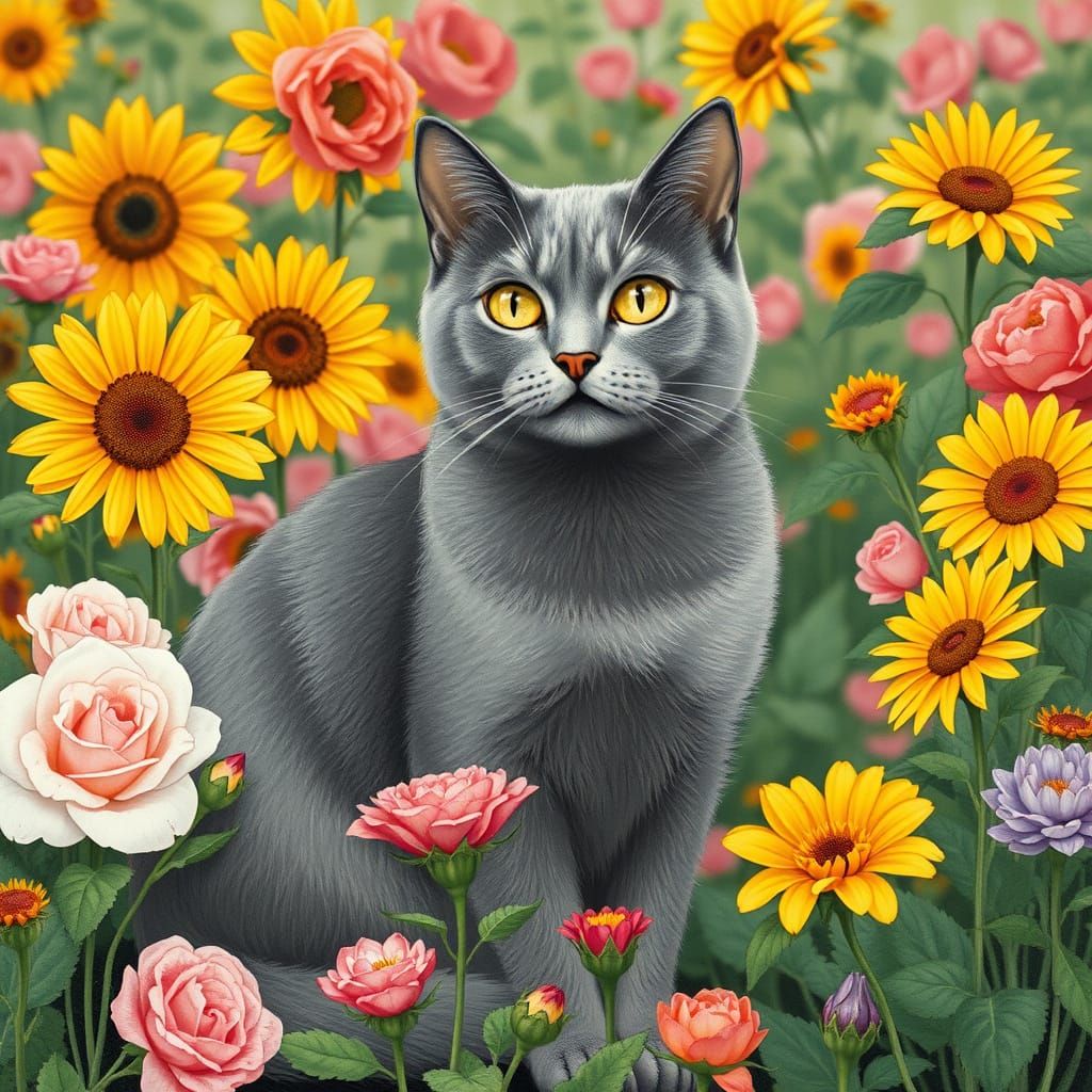 Whimsical Gray Cat in a Vibrant Floral Garden