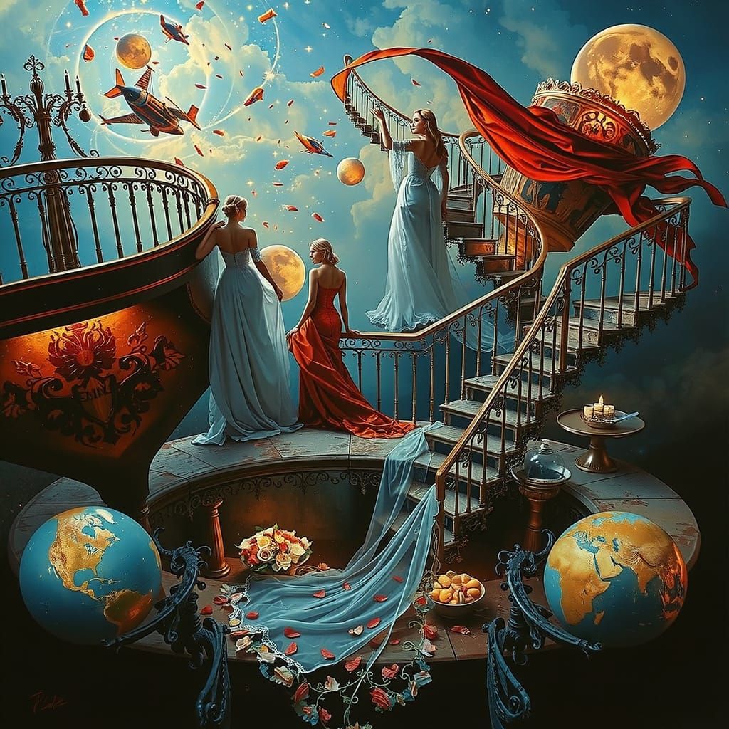 Three Elegant Women Ascend Celestial Staircase in Hyperreali...