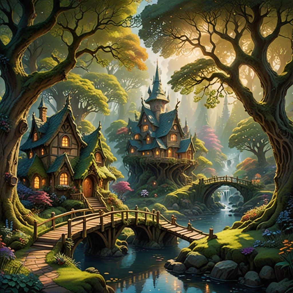 Whimsical Elves Gather in Ancient Oak Grove