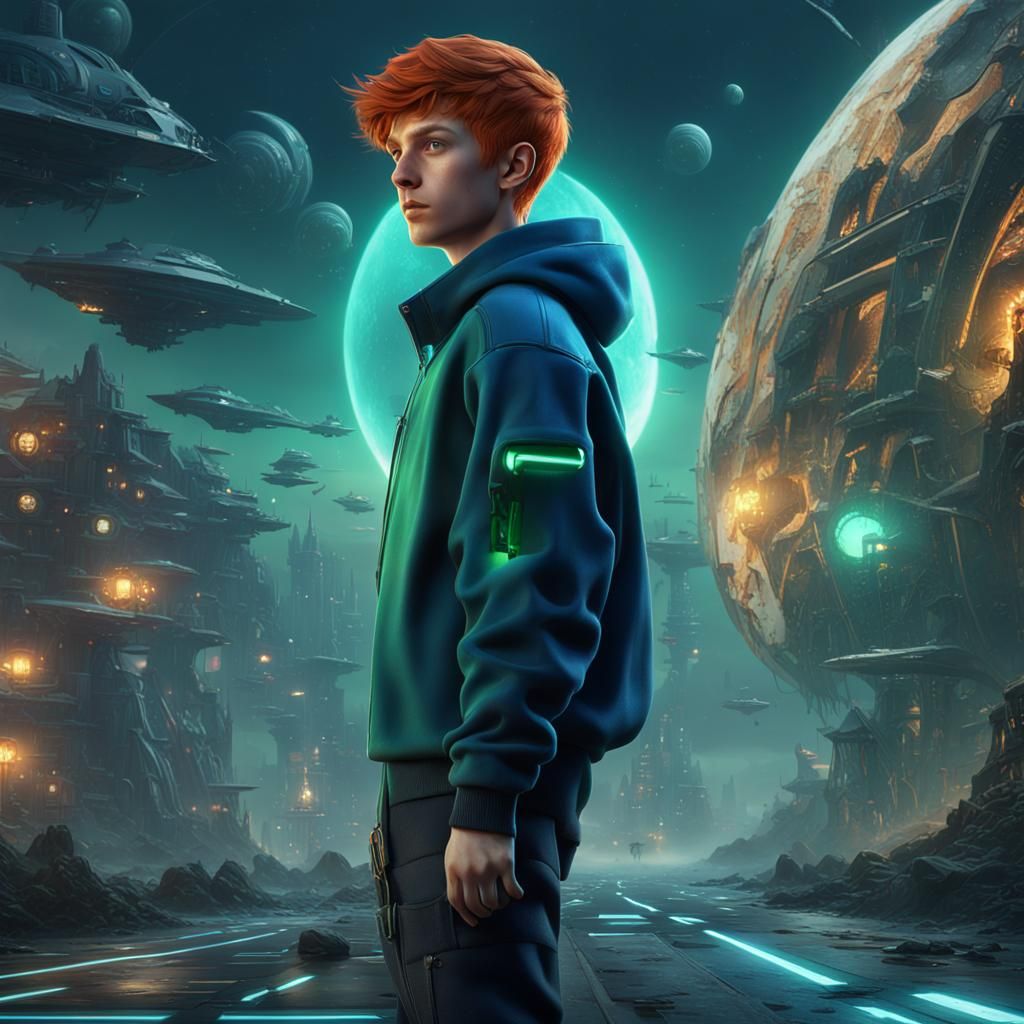 Ginger Haired Boy in Futuristic Setting: Detailed Matte Pain...