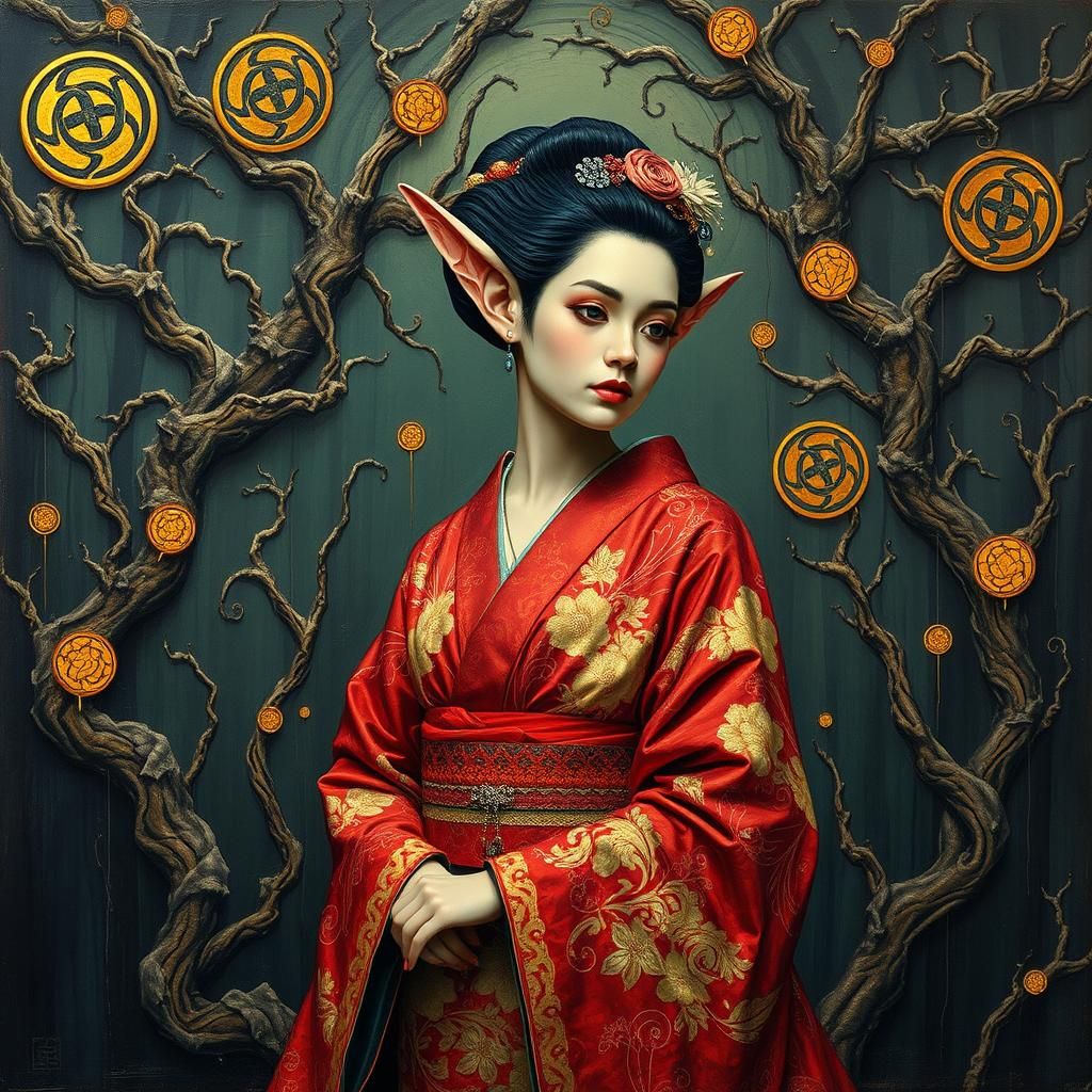 Geisha Fairy Elf in Dystopian Impasto Forest