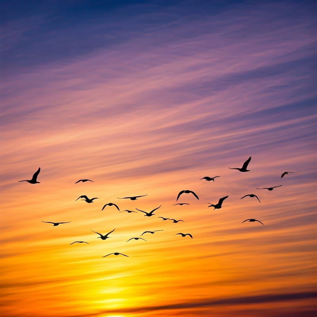Birds in Sunset, in Impressionist Style