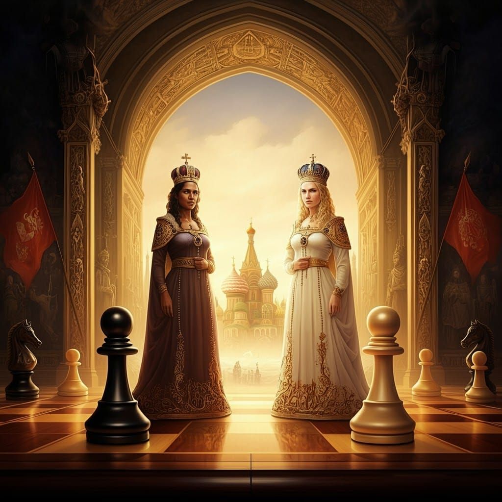 Regal Chess Queens in Imperial Stare-Down