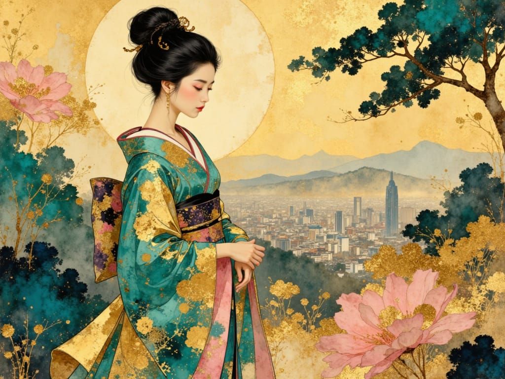 Elegant Geisha in Ukiyo-e Garden with Futuristic Cityscape