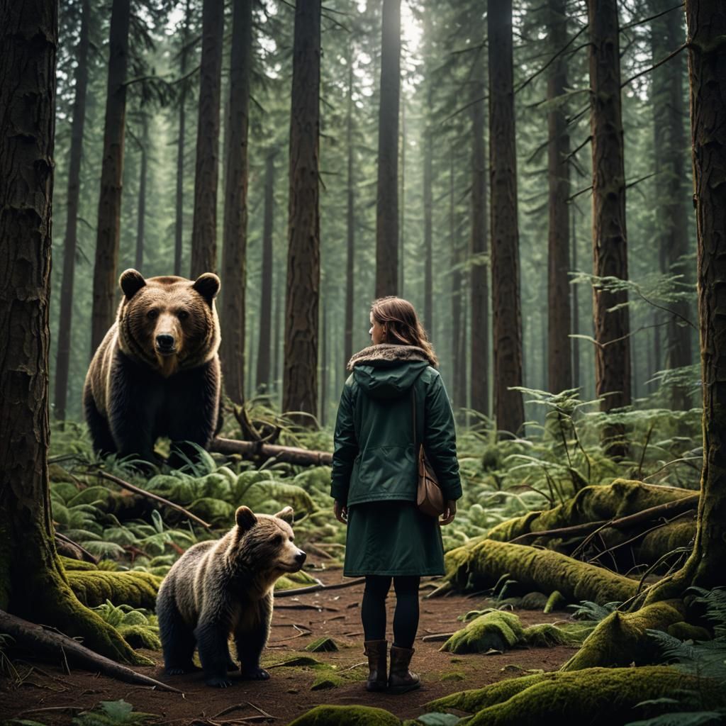 Woman and Bear in Forest, Hyperrealistic Image