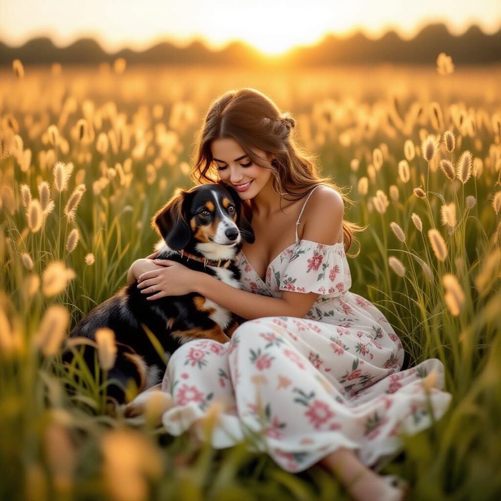 Woman and Dachshund in Golden Field, Whimsical Style