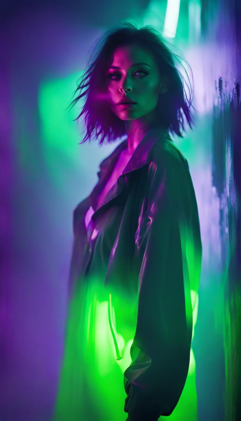Vaporwave Woman in Neon Fog, Plastic Aesthetic