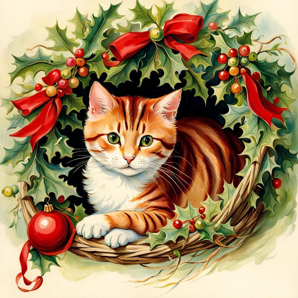 Christmas Cat Illustration in Beatrix Potter Style