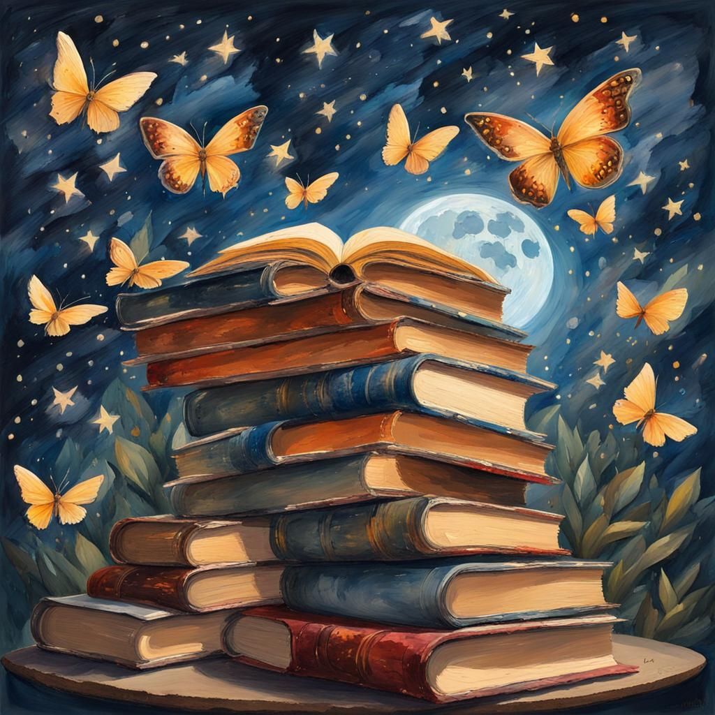 Butterfly Books Under Starry Sky: Gouache Impressionist Styl...