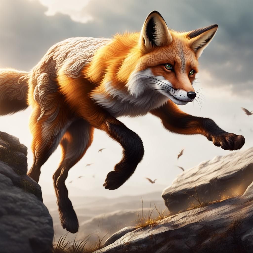 Fox Jumps Over Rocks in Dramatic Landscape