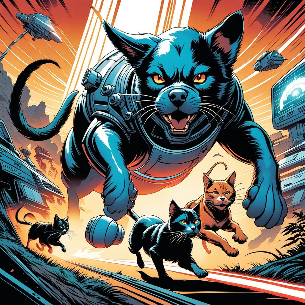 Retro Dog Chasing Techno-Cat in Comic Book Style