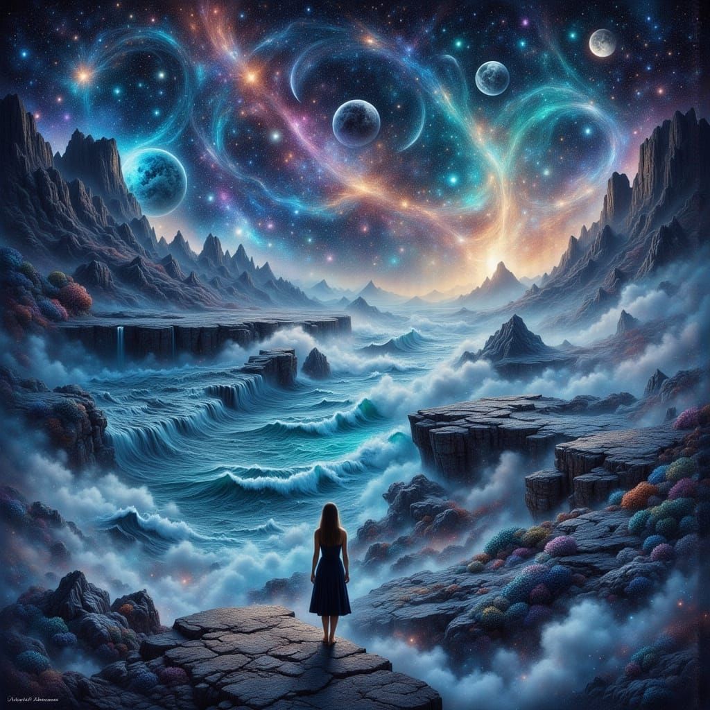 Woman on Cliff Overlooking Alien Ocean with Twin Moons