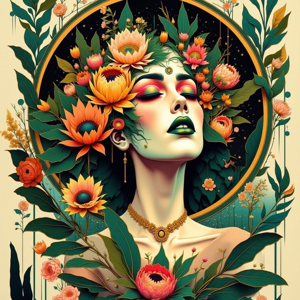 Cyber Woman with Art Deco Floral Design