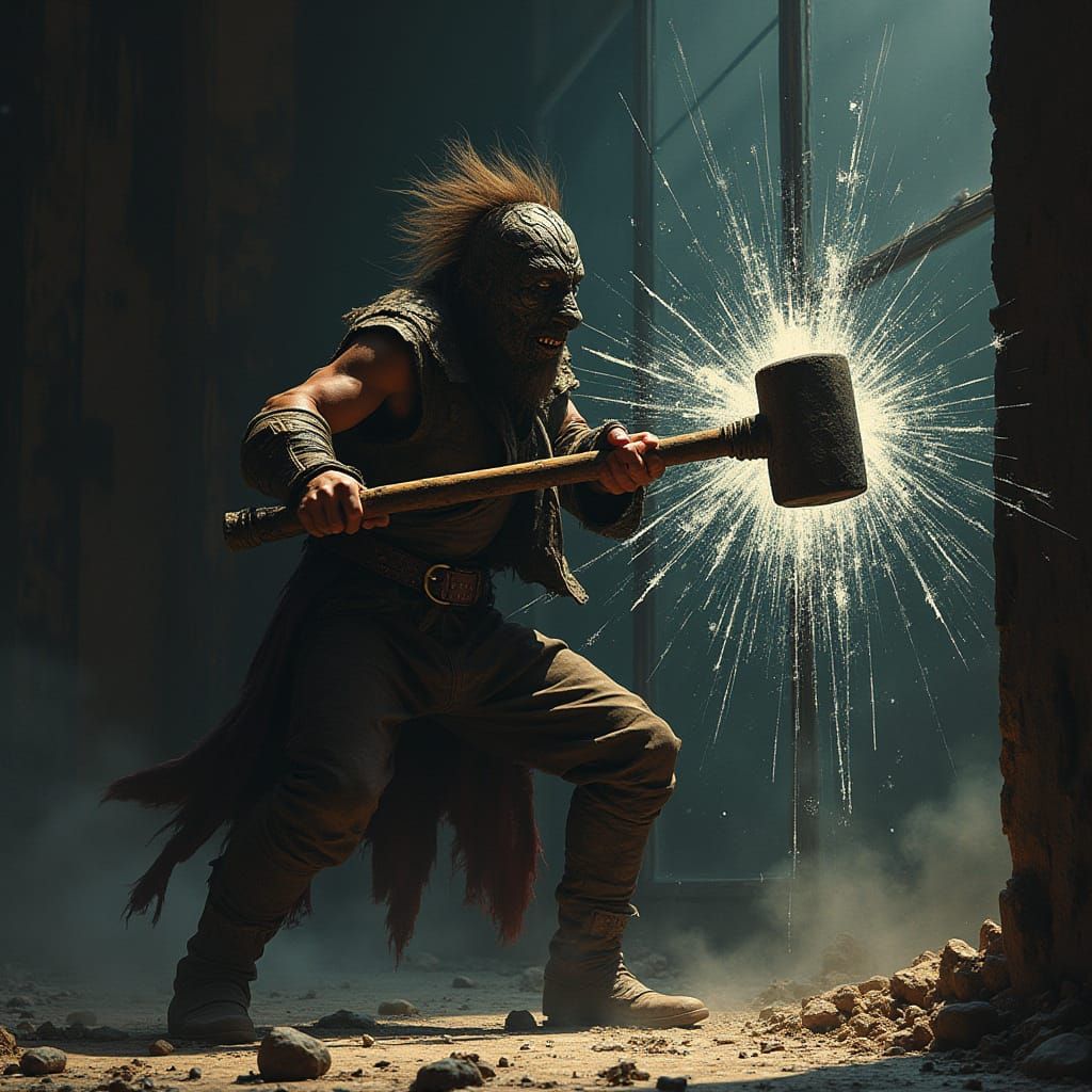 Masked Figure Shatters Glass with Sledgehammer
