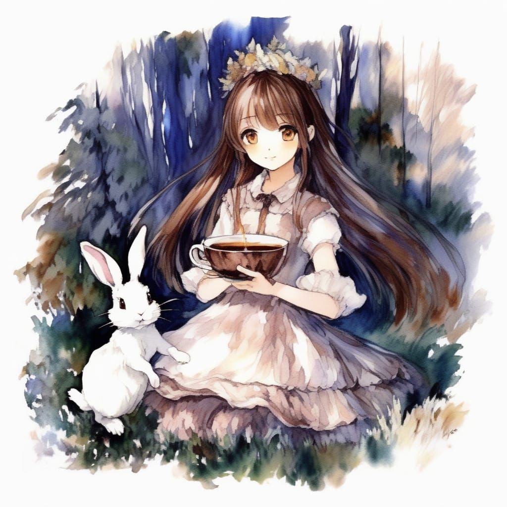 Impressionistic Forest Princess with Bunnies