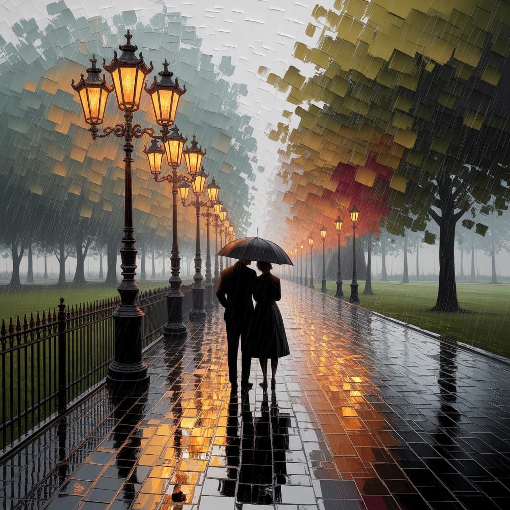 Romantic Couple in Rainy Park: An Impasto Painting