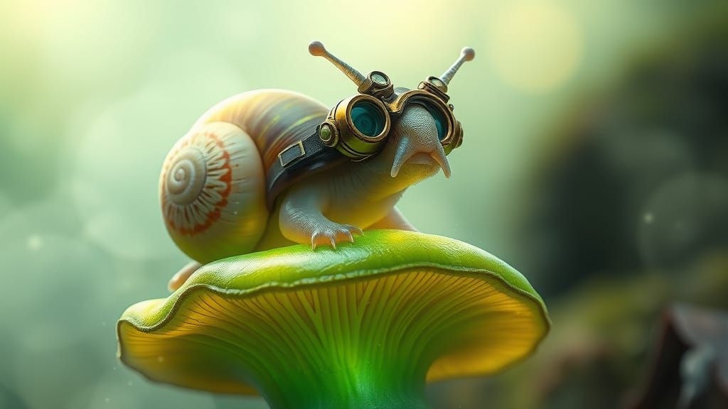 Steampunk Snail Explorer on Mushroom in 8K
