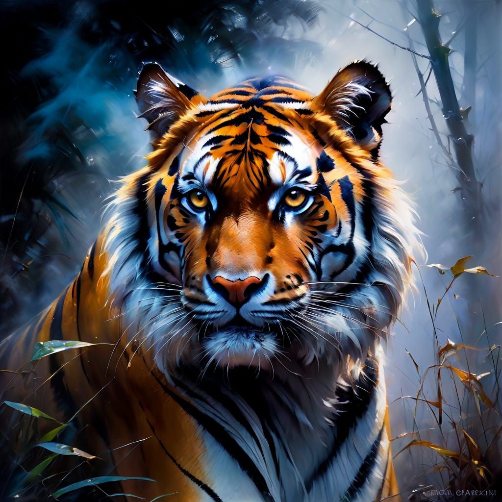 Mystical Tiger Portrait in Fog, Blacklight Art