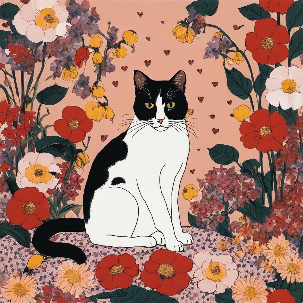 Cat with Flowers in Collage Portrait Style