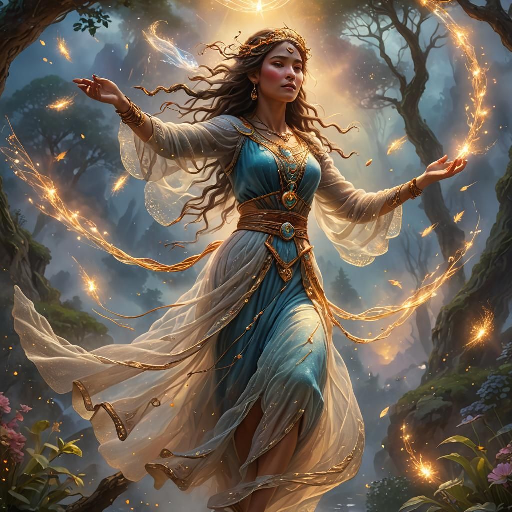 Ethereal Medicine Woman Weaving Light in Dreamy Mist