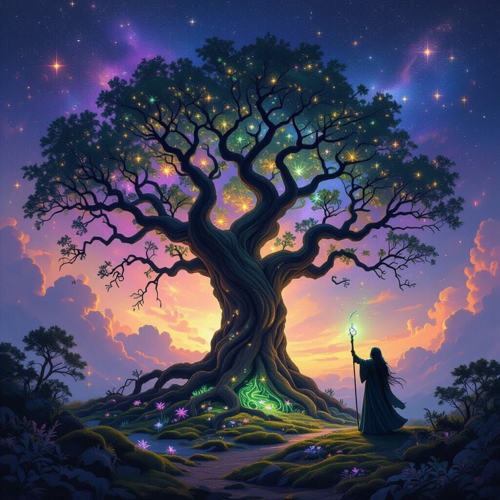 Ancient Tree and Druid in Art Nouveau Style