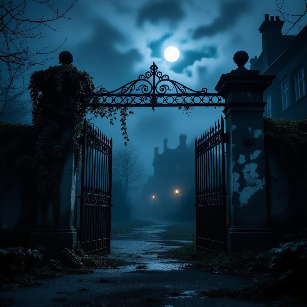 Eerie Abandoned Hostel Gate at Night in Fog
