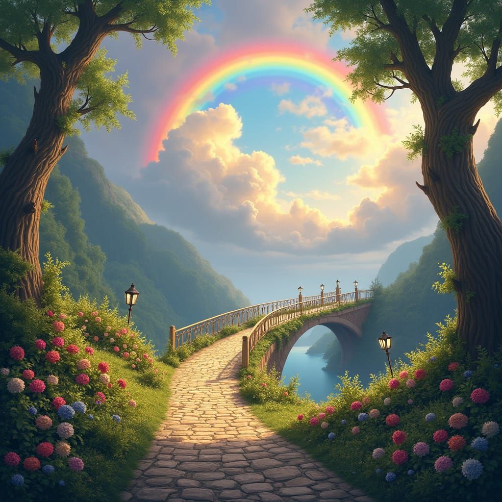 Rainbow Bridge Over Cobblestone Path to Paradise