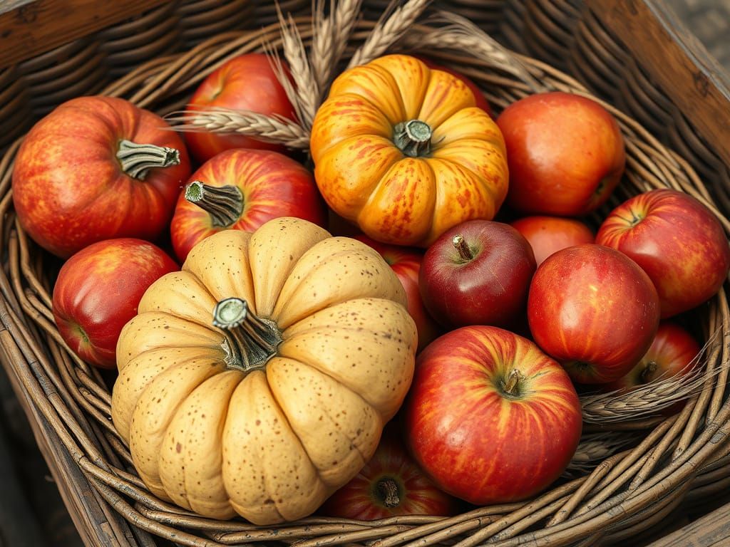Hyperrealistic Fruit and Pumpkins in Wicker Baskets